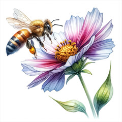An illustration of a bee and flower in a pollination scene, rendered in watercolor style. - obrazy, fototapety, plakaty