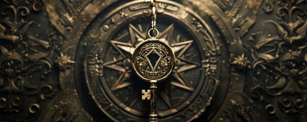 Fototapeta na wymiar An image capturing a symbolic key adorned with detailed Masonic engravings suspended from a vintage keyhole, encircled by ancient scrolls and geometric designs, photographed in dim lighting.