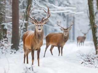Naklejka na ściany i meble Noble stags stand alert in the snow-blanketed woods.
