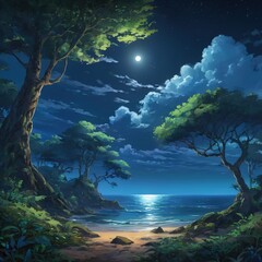 Fototapeta na wymiar Moonlit Seashore Flanked by Lush Greenery on a Clear Night