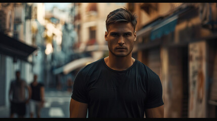 male model in a black cotton t-shirt at the city street generative ai - obrazy, fototapety, plakaty