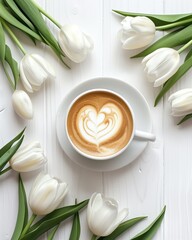 Obraz na płótnie Canvas Love in a cup. Latte art coffee with heart design surrounded by pristine white tulips on a bright wooden table. Valentine's Day, morning rituals, spring freshness