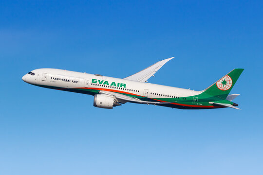 EVA Air Boeing 787-9 Dreamliner airplane at Munich Airport in Germany