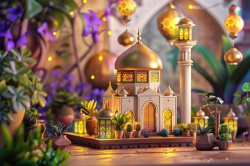 Obraz premium Ramadan Kareem with miniature mosque on a wooden table with plants.