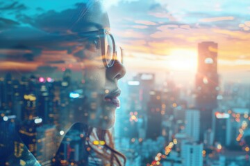 Fototapeta premium Closeup photo of stylish cute businesswoman wearing glasses and looking city. Double exposure, panoramic view contemporary megalopolis background. Space for your business message. Wide, sunset effect 