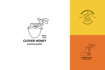 Vector set illustration logos and design templates or badges. Organic and eco honey labels and tags with bees. Linear style