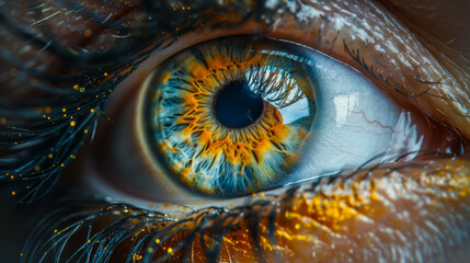 Macro photo of a human eye, iris, pupil, eyelashes and eyelids. Close-up of a beautiful eye.