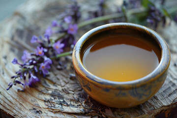 Obraz na płótnie Canvas Herbal tea with lavender flowers in a ceramic cup on wooden background