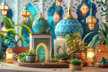 Obraz premium Ramadan Kareem with miniature mosque on a wooden table with plants.