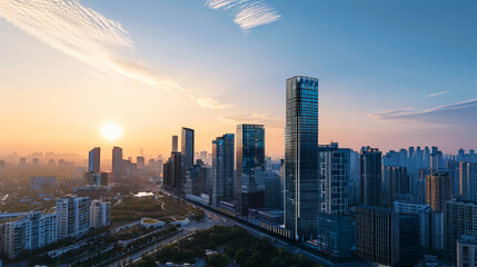 View of modern residential buildings. Cityscape of high-rise buildings in the center of the metropolis. Business district in the center. Concept of architecture, buildings.