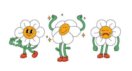 Vector illustration set with daisy flowers with different emotions ?n retro style. Groovy sticker with plant for print or social media