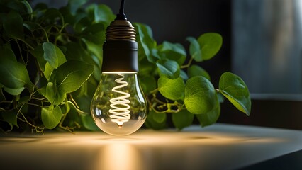 An illuminated fluorescent light bulb with a green plant in the background.