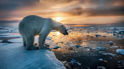 Deurstickers A hungry polar bear standing on broken ice flow with plastic and waste in the ocean © John