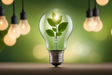 Light bulb with green plant inside placed on wooden table and blurred background, incandescent lamps on the background