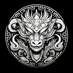 Dragon Mandala Style Illustration, black and white