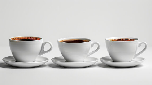 small, medium and bog cup of coffee on white background
