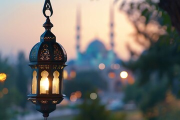 An Islamic lantern with a blurred mosque in the background for Al Fit and Adha Eid