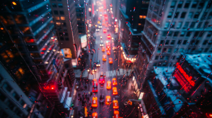 Raindrops on the glass of a high-rise building overlooking city traffic. Looking at the city through a rainy window. Lifestyle concept.
