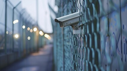 Protected by a fortress of innovation, the factory is encircled by a security perimeter, high fences, and surveillance cameras. - obrazy, fototapety, plakaty