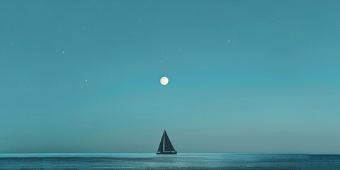 Sailing yacht in the sea at night with full moon and stars. Minimalist sailing background of a sailboat reflecting on the still water.