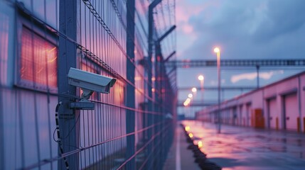 The factory is protected by a Security Perimeter, High fences, and surveillance cameras, safeguarding its innovations. - obrazy, fototapety, plakaty
