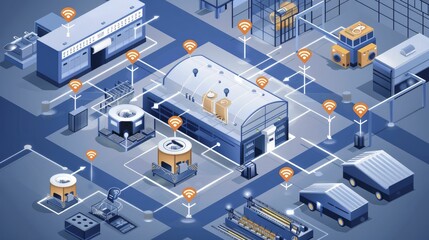 Integrating IoT devices in a smart factory optimizes production through real-time monitoring and networked machinery. - obrazy, fototapety, plakaty