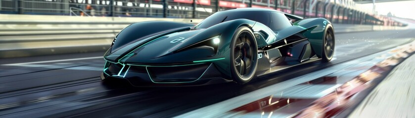 High-speed concept car with a futuristic design racing on a professional racetrack, demonstrating...