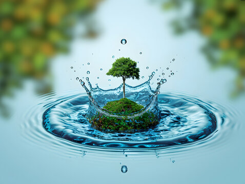 Single tree on a small island surrounded by rising water levels. Climate change and environmental urgency concept for design, earth day tree on green earth 