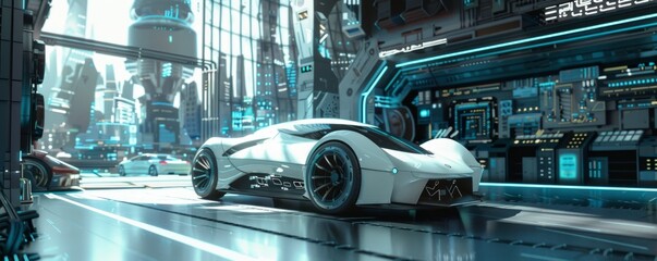 A sleek, futuristic sports car stands out against the backdrop of a bustling cyberpunk city full of...