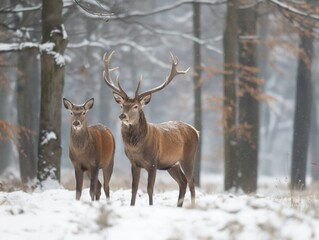 Noble stags stand alert in the snow-blanketed woods.