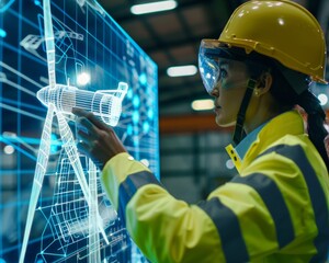 Engineer interacting with a wind turbine 3D holographic model in a modern industrial setting.