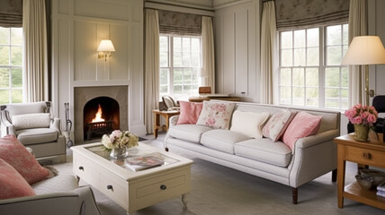 Interior design, home decor, sitting room and living room, white sofa and furniture in English country house and elegant cottage style