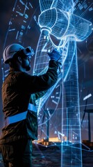 Engineer interacting with a wind turbine 3D holographic model in a modern industrial setting.