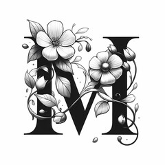 the letter "M" adorned with a delicate flower, with petals intertwining with the letter's shape, adding a whimsical and decorative touch, perfect for  typography projects, generative ai