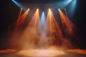 Stage lit with spotlights and smoke