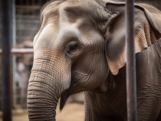 elephant with sad eyes behind bars at the zoo. animals in captivity. close-up