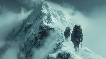Deurstickers people are climbing mountain-covered snow. Everest climbing © Vimukthi