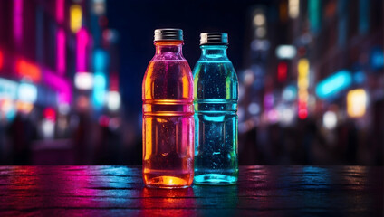 A bottle of water on the background of a neon city, photo - obrazy, fototapety, plakaty