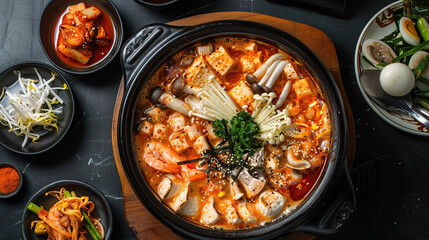 Sundubu Jjigae on a black background top view Korean Cuisine. Concept Korean Cuisine, Food Photography, Sundubu Jjigae, Top View Shot, Black Background generative ai