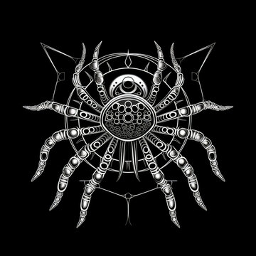 Spider Mandala Style Illustration, black and white