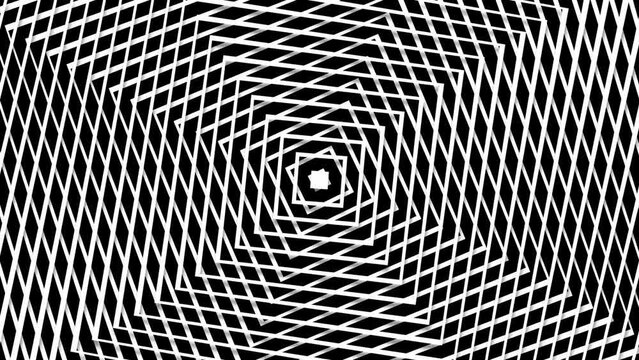 Circular tunnel striped pyramid black and white rotating, geometric 3d animation, optical illusion loop footage abstract background for vj, dj, template, meditation, intro and outro video