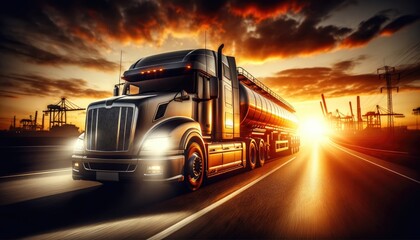 A semi truck with a tanker trailer driving on a highway against a backdrop of a dramatic fiery sunset and industrial cranes.