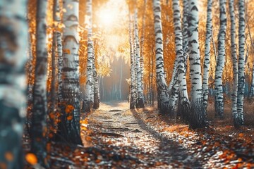 Birch forest in sunny afternoon while autumn season