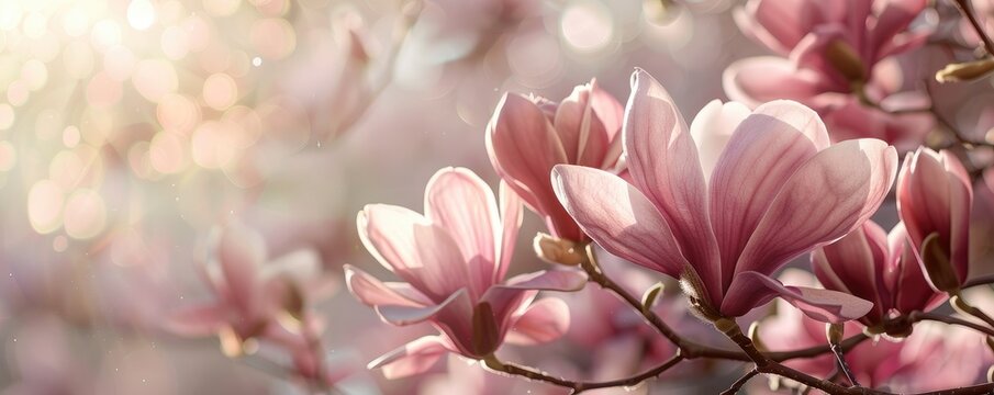 beautiful, wonderful spring background with blooming magnolia branches. wallpaper. banner.