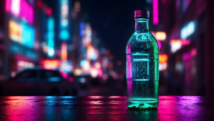 A bottle of water on the background of a neon city, photo