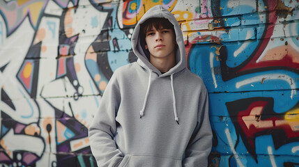 Obraz na płótnie Canvas Teenage boy wearing gray hoodie standing against urban graffiti wall. Teenager fashion. Mock up template for sportswear design generative ai