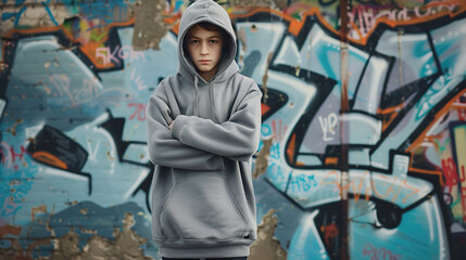 Teenage boy wearing gray hoodie standing against urban graffiti wall. Teenager fashion. Mock up template for sportswear design generative ai