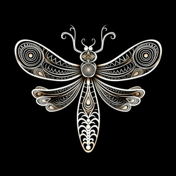Dragonfly Mandala Style Illustration, black and white