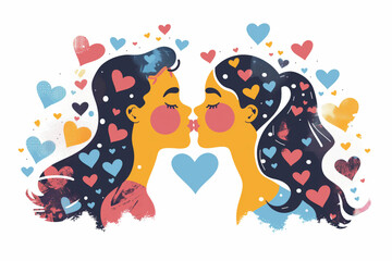 Colorful International Kissing Day concept comic artwork, isolated on white background with copy space, minimalist 