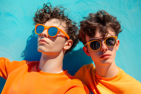 Two boys in orange t-shirts and sunglasses, leaning on a blue background